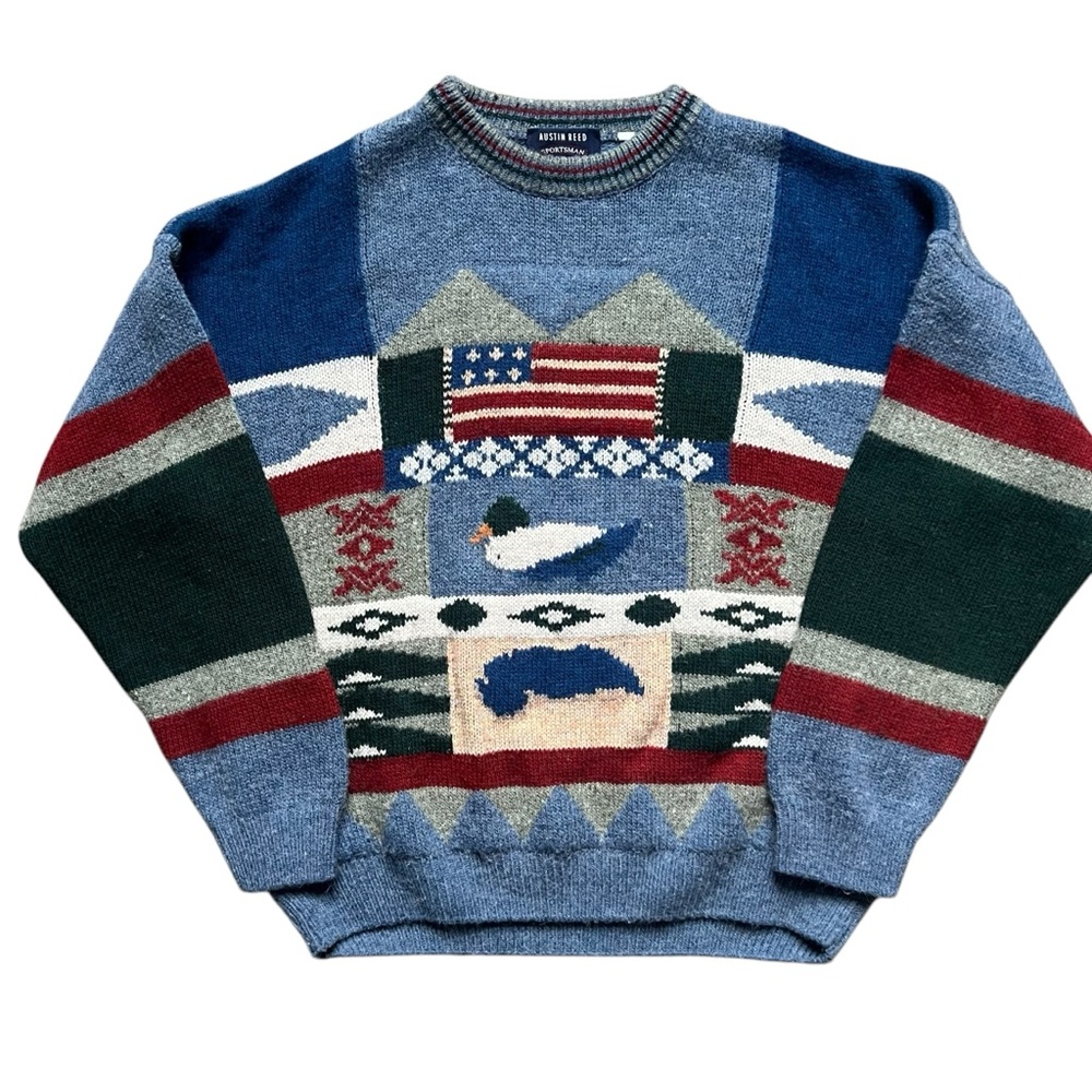Vintage Austin Reed - Crewneck Americana Wool Sweater Cottage Grandpa Blue Large